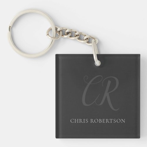 Calligraphy Monogram Name Black Grey Custom Gift Keychain