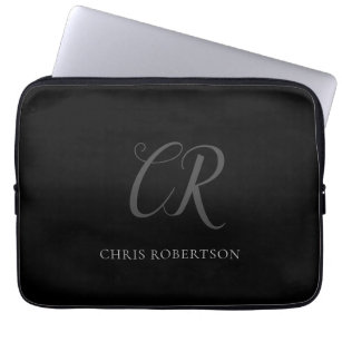 Calligraphy Monogram Name Black Grey Custom Gift Laptop Sleeve