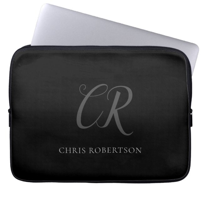 Calligraphy Monogram Name Black Grey Custom Gift Laptop Sleeve (Front)