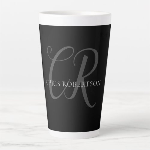 Calligraphy Monogram Name Black Grey Custom Gift Latte Mug