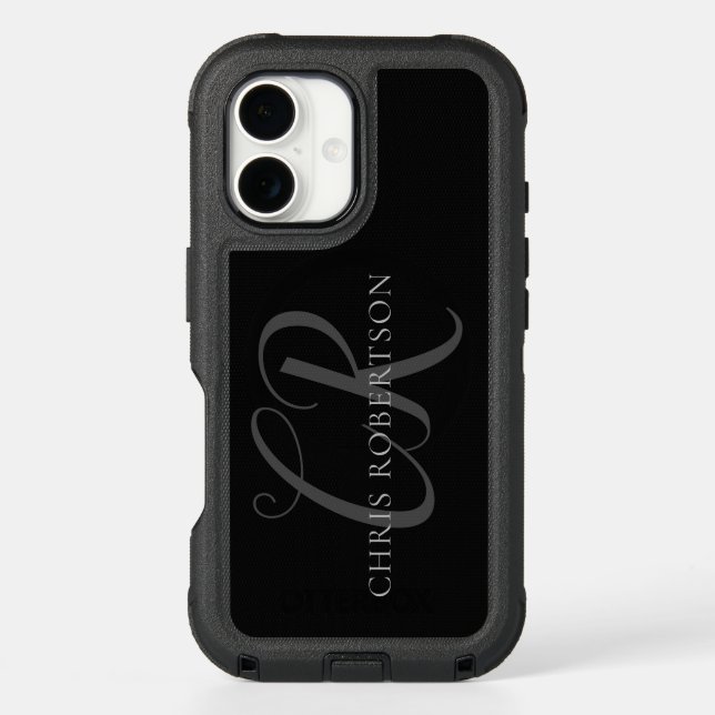 Calligraphy Monogram Name Black Grey Custom Gift Otterbox iPhone Case (Back)