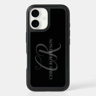 Calligraphy Monogram Name Black Grey Custom Gift iPhone 16 Case