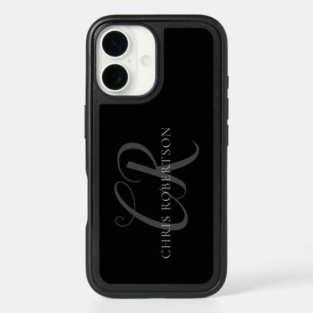 Calligraphy Monogram Name Black Grey Custom Gift Otterbox iPhone Case (Back)