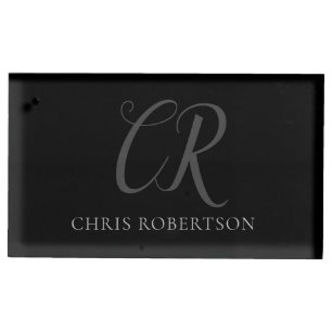 Calligraphy Monogram Name Black Grey Custom Gift Place Card Holder