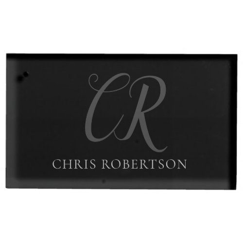 Calligraphy Monogram Name Black Grey Custom Gift Place Card Holder