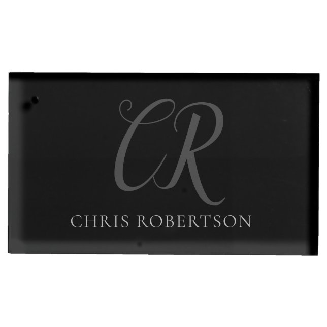 Calligraphy Monogram Name Black Grey Custom Gift Place Card Holder (Front)