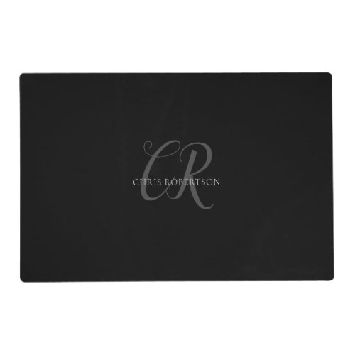 Calligraphy Monogram Name Black Grey Custom Gift Placemat