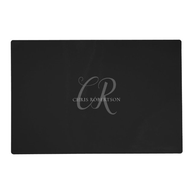 Calligraphy Monogram Name Black Grey Custom Gift Placemat (Front)