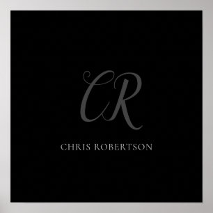 Calligraphy Monogram Name Black Grey Custom Gift Poster