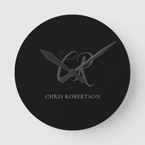Calligraphy Monogram Name Black Grey Custom Gift Round Clock