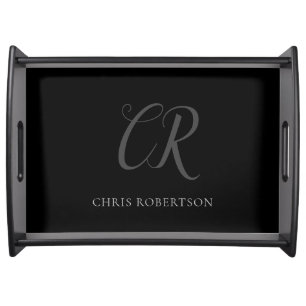 Calligraphy Monogram Name Black Grey Custom Gift Serving Tray