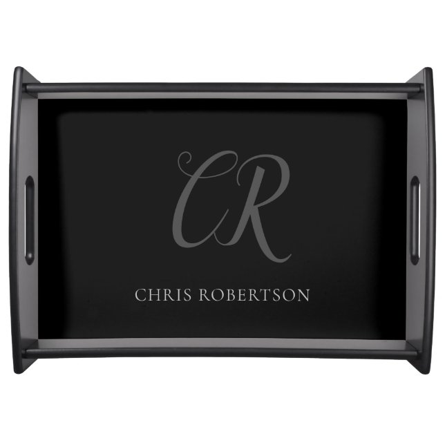 Calligraphy Monogram Name Black Grey Custom Gift Serving Tray (Front)