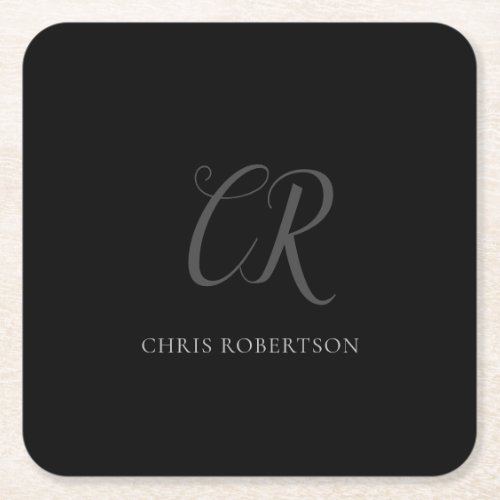 Calligraphy Monogram Name Black Grey Custom Gift Square Paper Coaster