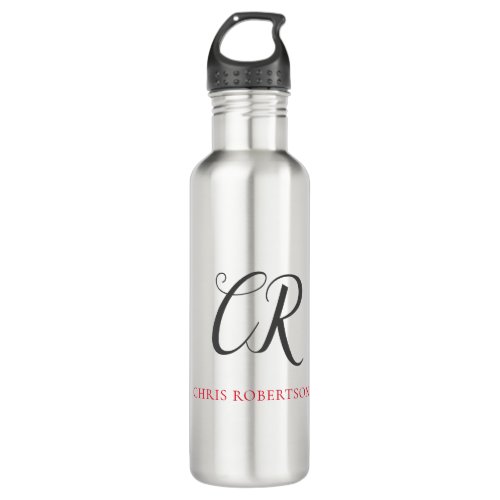 Calligraphy Monogram Name Black Grey Custom Gift Stainless Steel Water Bottle
