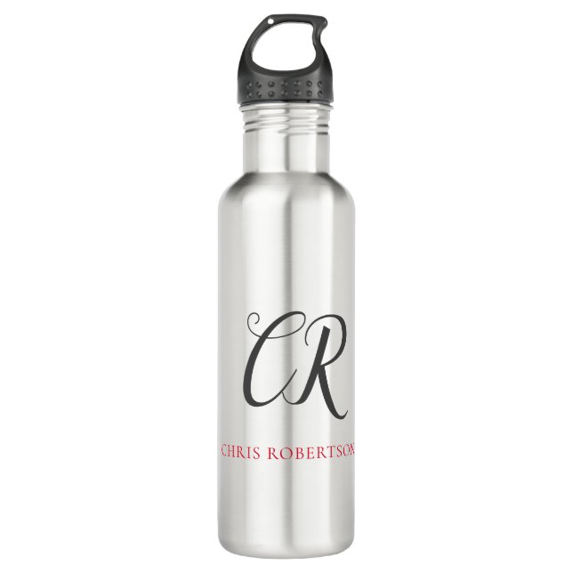 Calligraphy Monogram Name Black Grey Custom Gift Stainless Steel Water Bottle (Front)