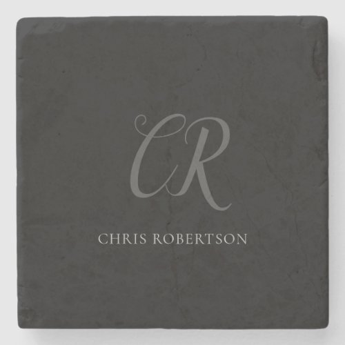 Calligraphy Monogram Name Black Grey Custom Gift Stone Coaster