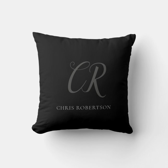 Calligraphy Monogram Name Black Grey Custom Gift Throw Pillow (Front)