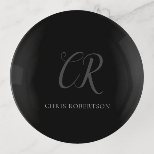 Calligraphy Monogram Name Black Grey Custom Gift Trinket Tray