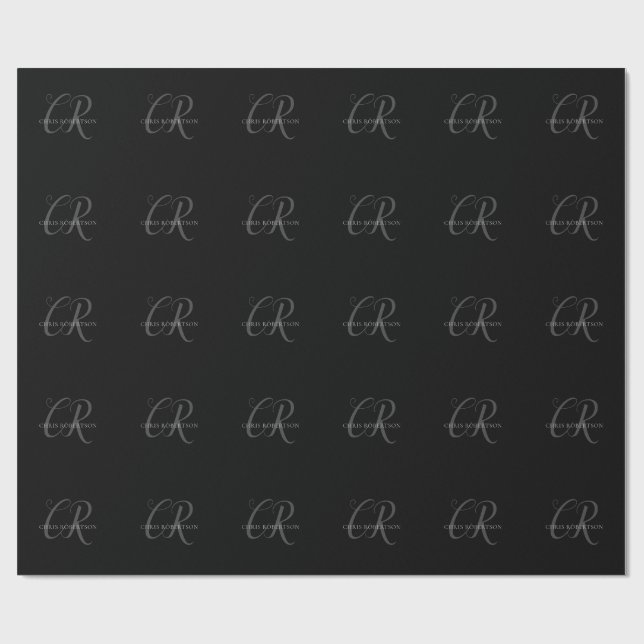 Calligraphy Monogram Name Black Grey Custom Gift Wrapping Paper (Flat)