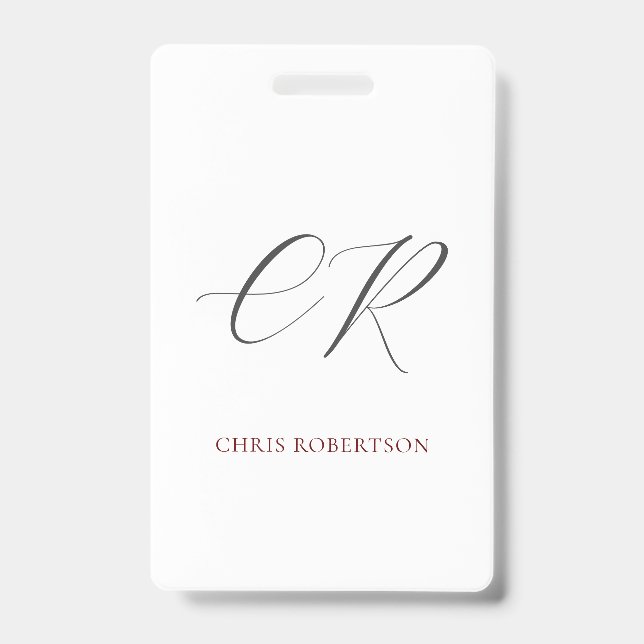 Calligraphy Monogram Name Black White Custom Badge (Front)