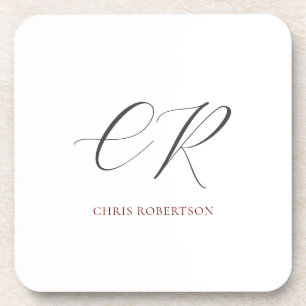 Calligraphy Monogram Name Black White Custom Gift Beverage Coaster
