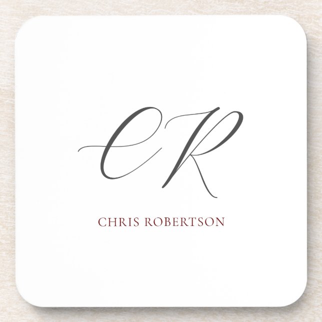 Calligraphy Monogram Name Black White Custom Gift Beverage Coaster (Front)
