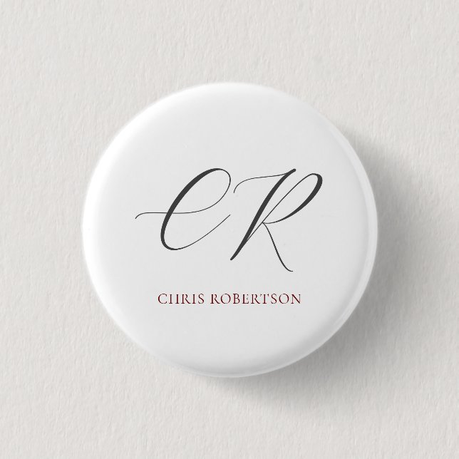 Calligraphy Monogram Name Black White Custom Gift Button (Front)