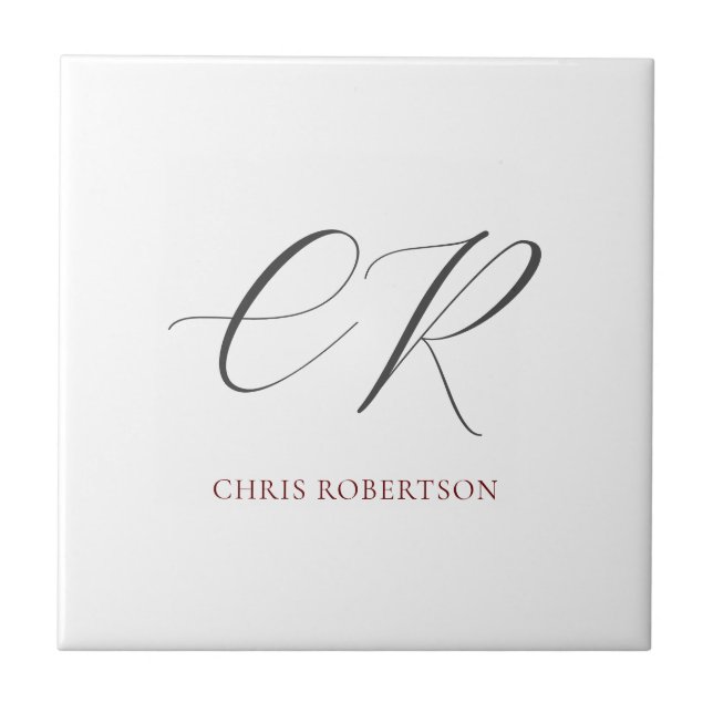 Calligraphy Monogram Name Black White Custom Gift Ceramic Tile (Front)