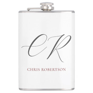 Calligraphy Monogram Name Black White Custom Gift Flask