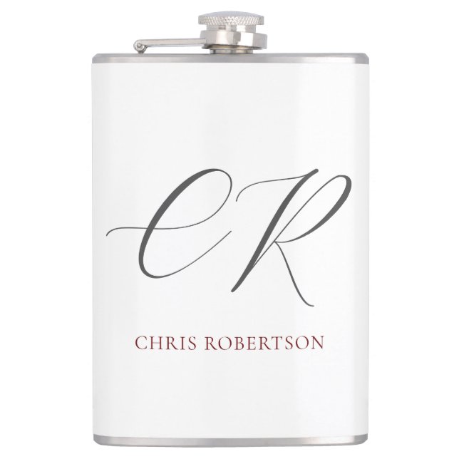 Calligraphy Monogram Name Black White Custom Gift Flask (Front)