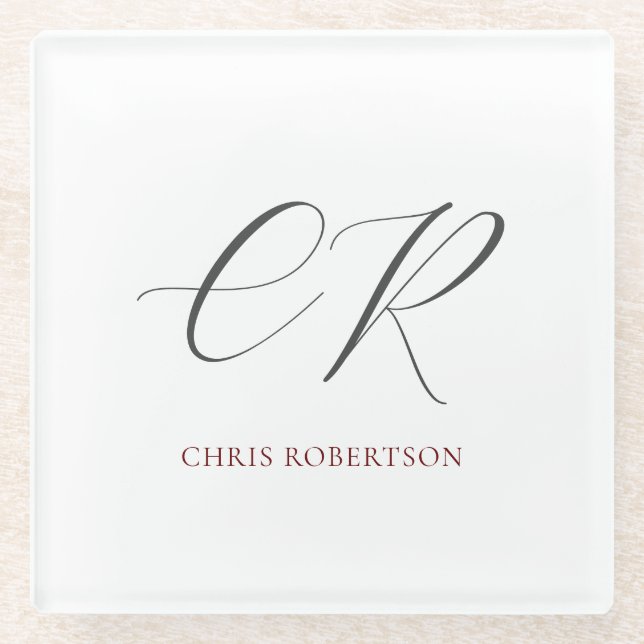 Calligraphy Monogram Name Black White Custom Gift Glass Coaster (Front)