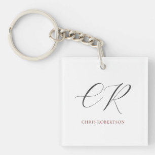 Calligraphy Monogram Name Black White Custom Gift Keychain