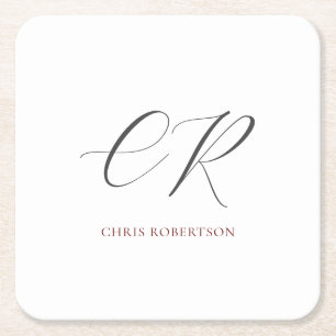Calligraphy Monogram Name Black White Custom Gift Square Paper Coaster