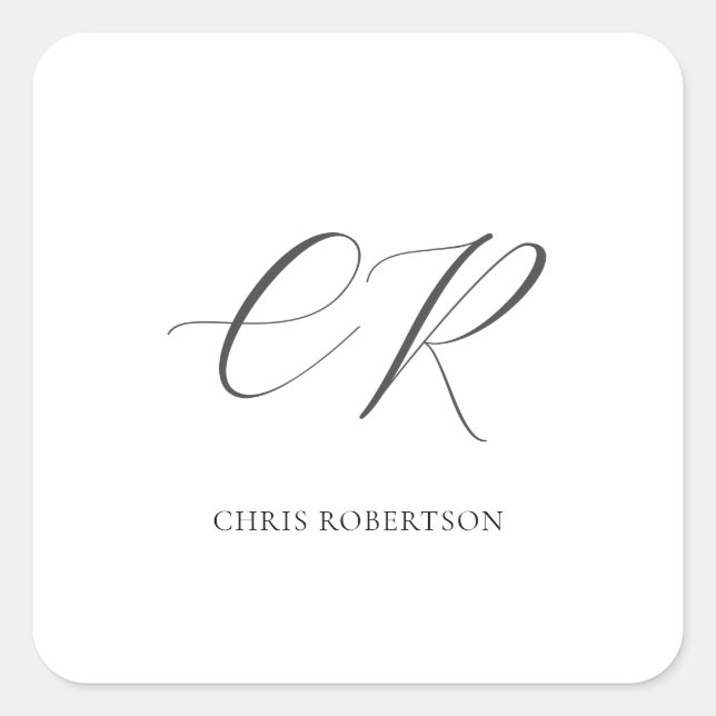 Calligraphy Monogram Name Black White Custom Gift Square Sticker (Front)