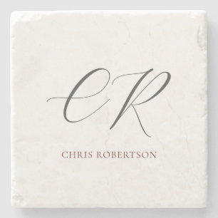 Calligraphy Monogram Name Black White Custom Gift Stone Coaster