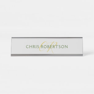 Calligraphy Monogram Name Gold Black White Custom Desk Name Plate