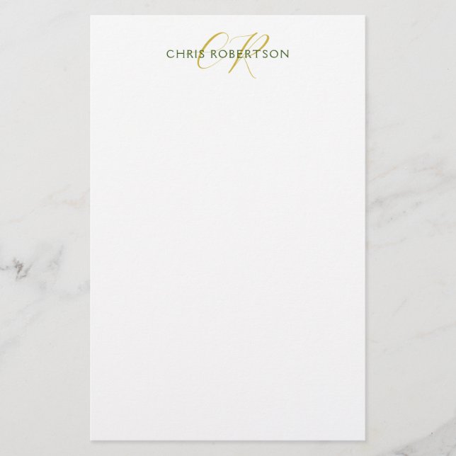 Calligraphy Monogram Name Gold Black White Custom Stationery (Front)