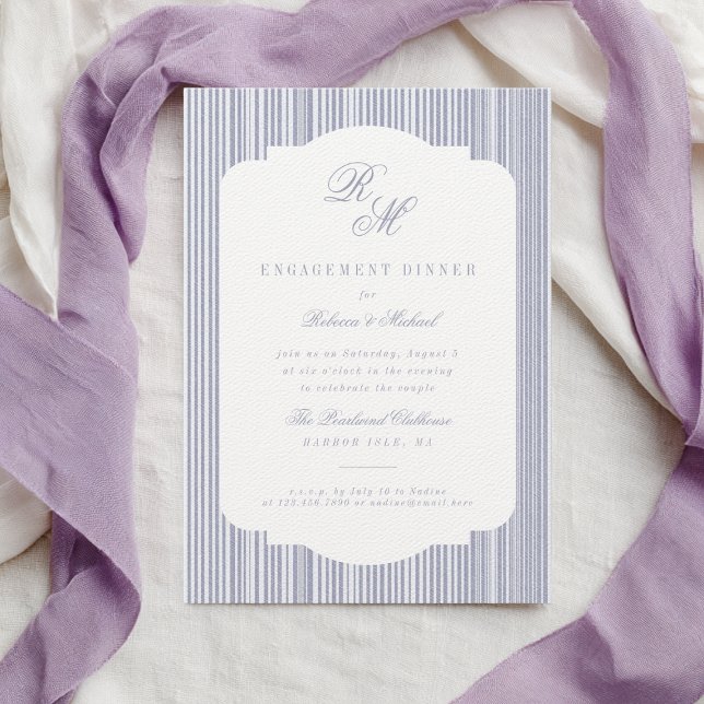 Calligraphy Monogram Purple Stripes Engagement Invitation (Creator Uploaded)