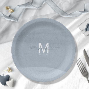 Calligraphy Monogram Wedding Dusty Blue ID771 Paper Plates