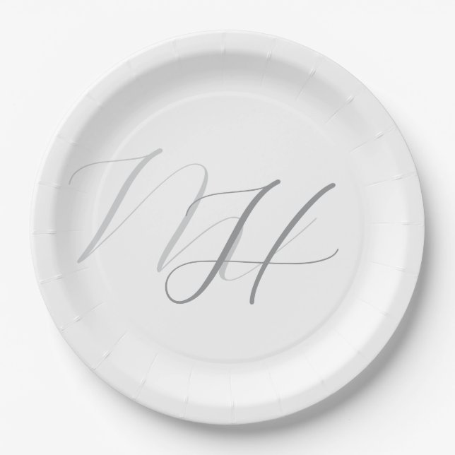 Calligraphy Monogram White Grey Plain Simple Paper Plates (Front)
