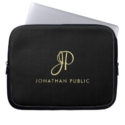 Calligraphy Monogrammed Template Faux Gold &amp; Black Laptop Sleeve