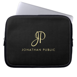 Calligraphy Monogrammed Template Faux Gold & Black Laptop Sleeve