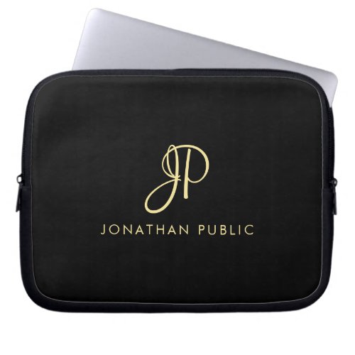 Calligraphy Monogrammed Template Faux Gold  Black Laptop Sleeve