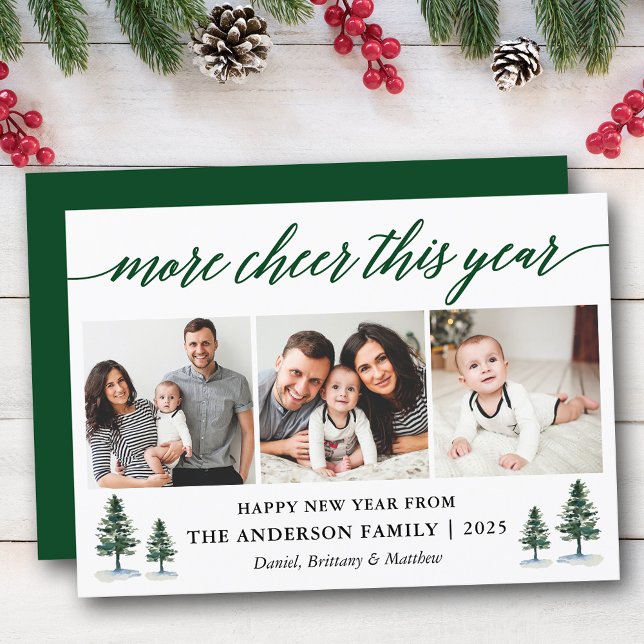 Calligraphy More Cheer This Year 3 Photo Pines Holiday Card (Customize to add text to back of card.)
