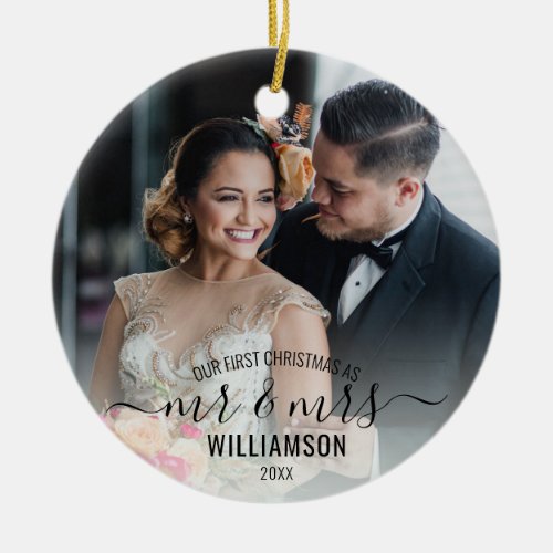 Calligraphy Mr  Mrs  2 Photos Our 1st Christmas Ceramic Ornament