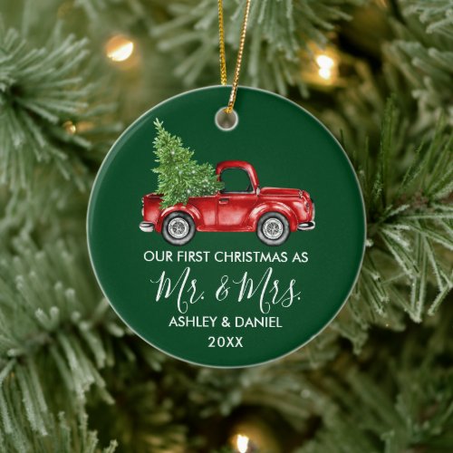 Calligraphy Mr Mrs Christmas Red Truck Green Ceramic Ornament