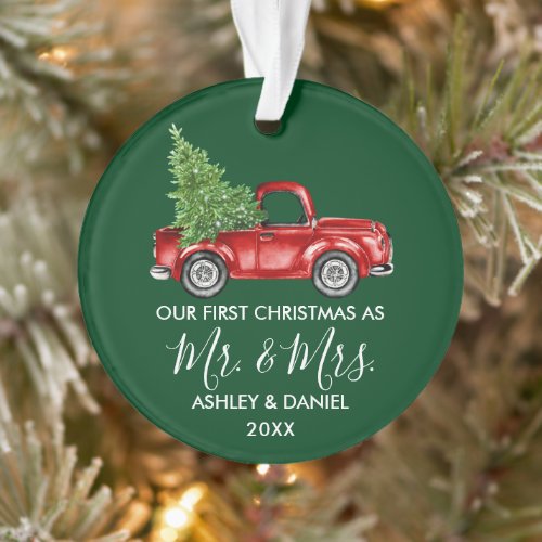 Calligraphy Mr Mrs Christmas Red Truck Green Ornament