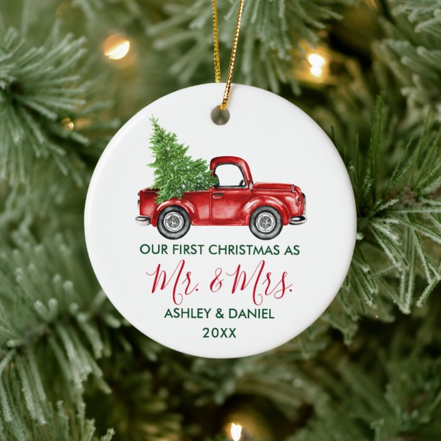Calligraphy Mr. Mrs. Christmas Truck Red Green Ceramic Ornament (Tree)