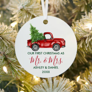 Calligraphy Mr. Mrs. Christmas Truck Red Green Metal Ornament