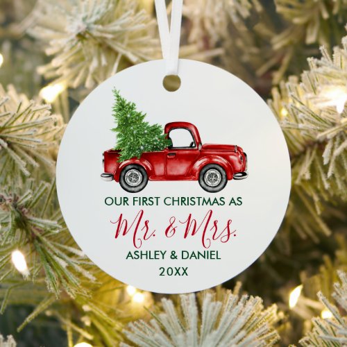 Calligraphy Mr Mrs Christmas Truck Red Green Metal Ornament